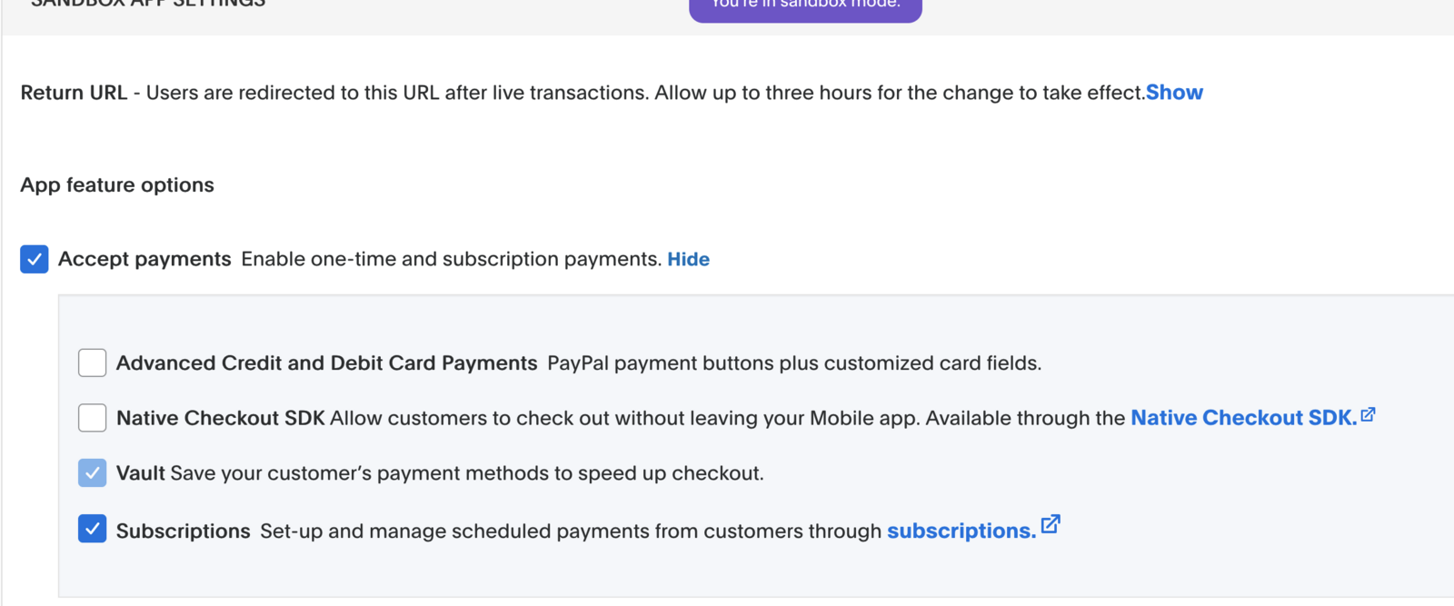 Options avancées de l'application PayPal, case Vault cochée