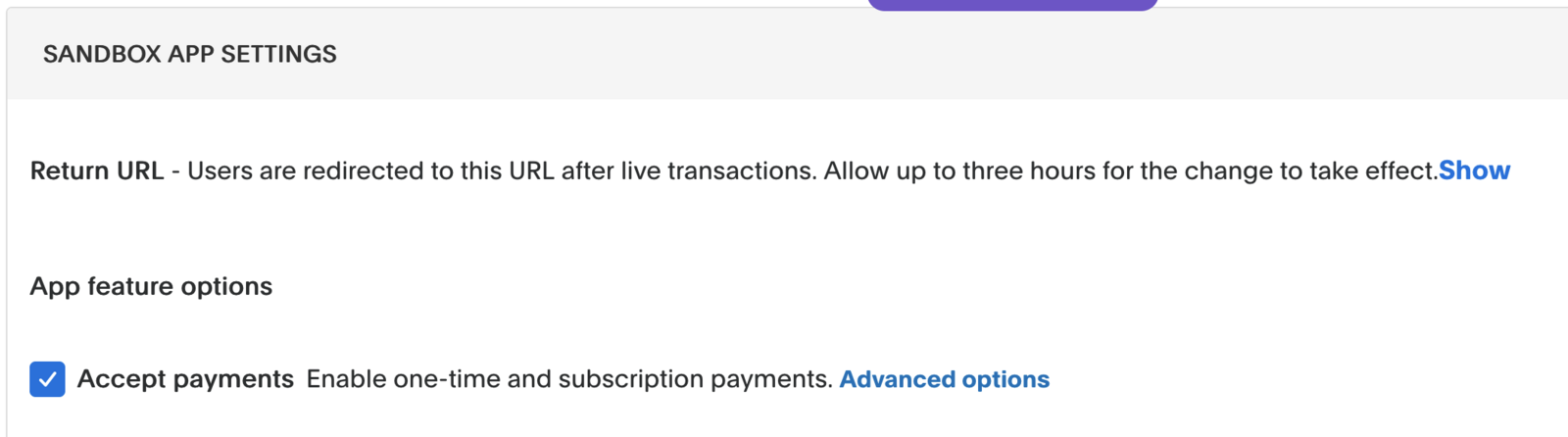 Réglages de l'application PayPal, lien Advanced options de l'option Accept payments