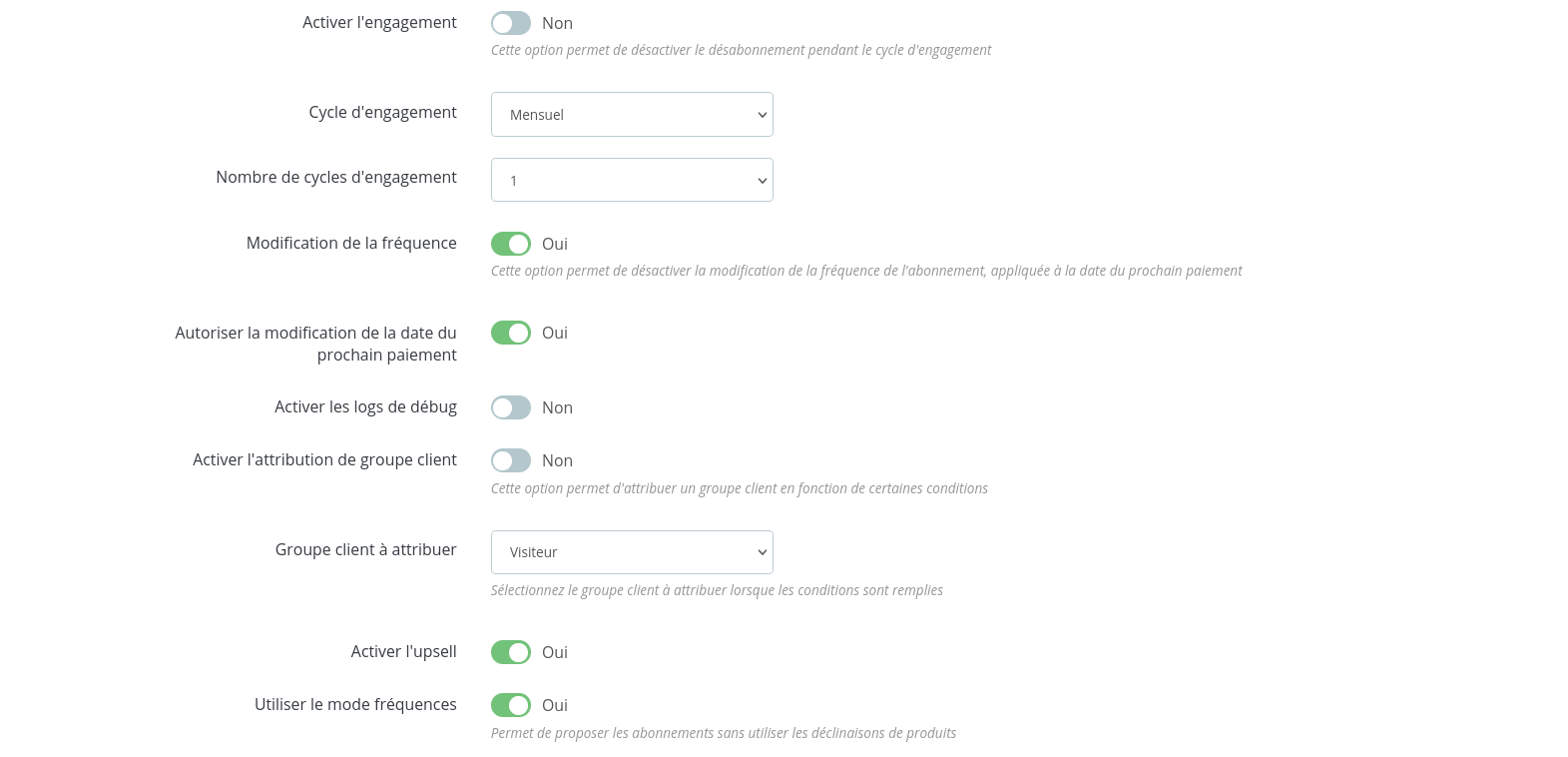 Options du module Ciklik : engagement, modification de la fréquence et de la date, groupe client, upsell et mode fréquences